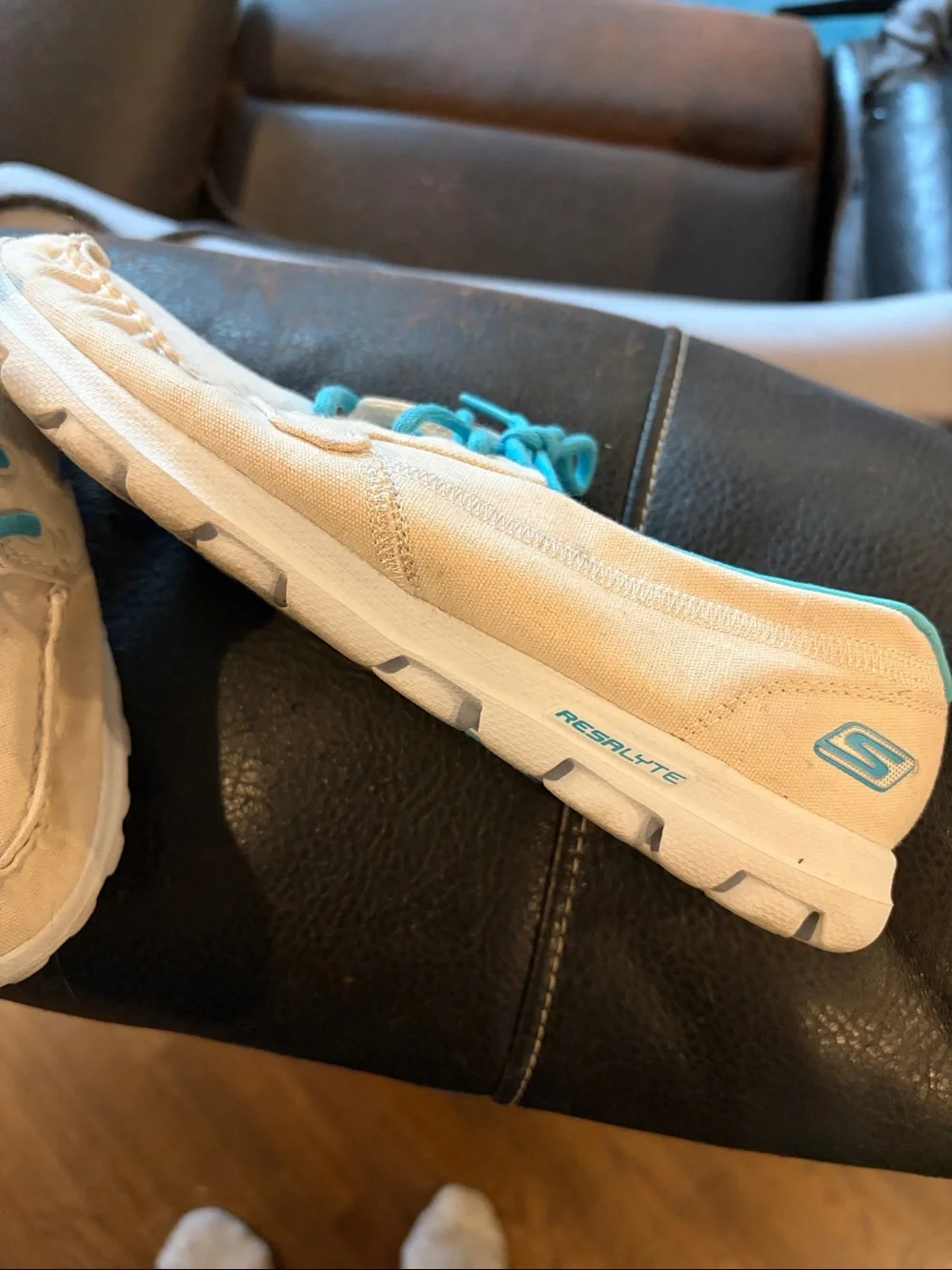 Skechers Women’s Canvas Boat Shoes in Cream with Turquoise Accents